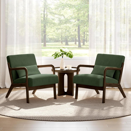 Accent Chair for Living Room, Corduroy Mid Century Modern Reading Armchairs with Lumbar Pillow for Bedroom, Decorative Sofa Chair for Adult Dark Green/Set of 2