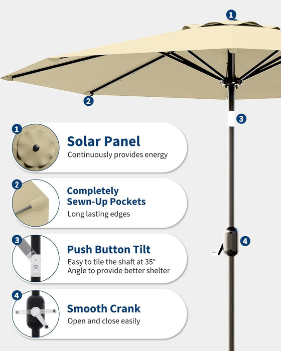 Patio Umbrella with Lights, 8 Ribs Outdoor Market Table Umbrella for Pool, Deck, Backyard (Beige, 9 Ft)