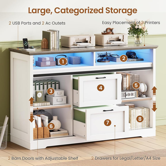47.2" File Cabinet, 2 Drawers Filing Cabinets for Home Office Fit Legal/Letter/A4 File, Farmhouse File Cabinet with Barn Door & Power Outlet, Printer Stand with Storage & LED Light, White+Grey