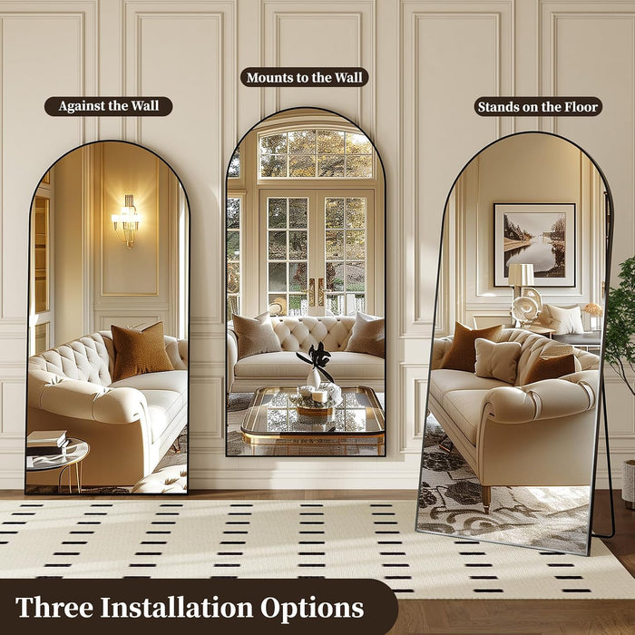 76"X35" Arched Full Length Mirror, Brushed Black Aluminum Frame Floor Mirror with Stand, HD Shatterproof Glass & Rust-Proof Body Mirror for Bedroom, Living Room, Bathroom, Entryway