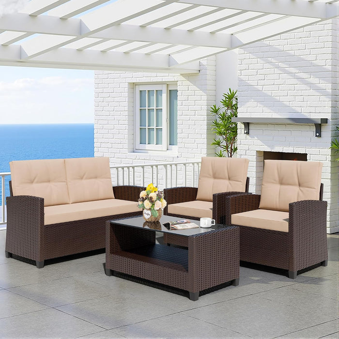 4 Piece Patio Furniture Set, Outdoor Rattan Conversation Set with Coffee Table, outside Wicker Sectional Sofa Couch with Cushion, Brown and Khaki