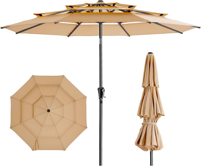 9FT 3-Tier Patio Umbrella, Vented Outdoor Market Table Umbrella | 5-Year Fade Resistant Commercial Canopy with UPF50+ UV Protection. Push Button Tilt & Crank for Pool, Backyard, Deck Shade