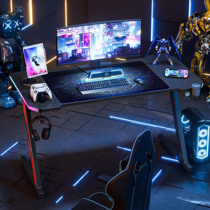 Gaming Computer Desk with Carbon Fiber Surface, Gaming Table Z Shaped Pc Home Office with Cup Holder&Headphone Hook(55 In, Black, Led Light)