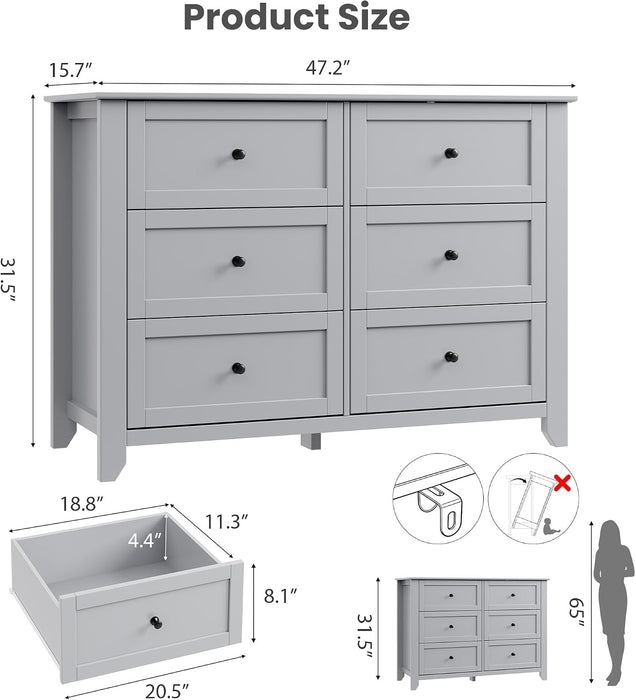 6 Drawer Dresser for Bedroom, Grey Modern Large Chest