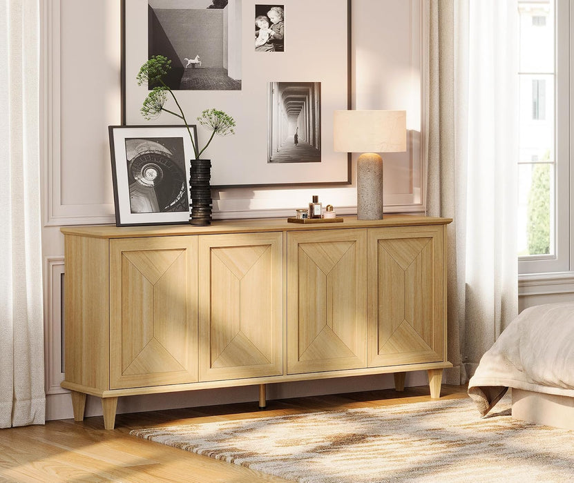 65-Inch Handcrafted Patchwork Decorative Buffet Cabinet with Pop-Up Design Doors,Full Unit Modern Modern Farmhouse Accent Credenza for Coffee Bar, Kitchen, and Living Room, Natural Oak