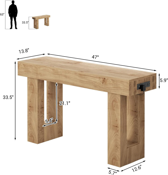 47" Entryway Table with Socket and Sensor Light, Narrow Console Table with Storage behind Couch, Farmhouse Entry Way Tables with Open Storage for Entrance/Hallway/Living Room, Natural Oak
