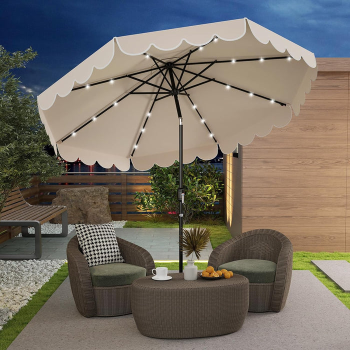 9 FT Solar Patio Umbrella, 2-Tiers Scalloped Outdoor Table Market Umbrella with 24 LED Lights, Vented Top, Tilt Adjustment, Crank, 8 Ribs for Backyard Poolside Deck Beach Lawn (Beige)