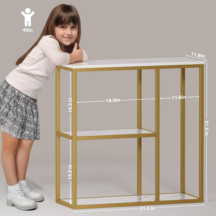 31.5" Narrow Console Table with 3-Tier Storage, Industrial Sofa Table for Entryway, Living Room & Hallway - Gold Marble Faux Top, Sturdy Metal Frame