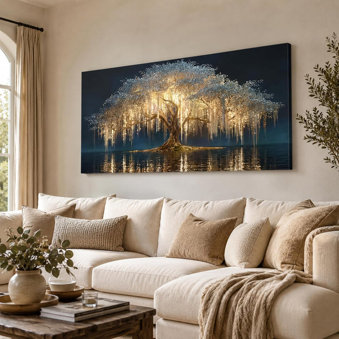 Large Tree of Life Canvas Wall Art Abstract Black and Gold Tree of Life Picture Wall Decor Nordic Gold White Flowers Poster Print Artwork for Living Room Bedroom Office Hallway Home Decoration