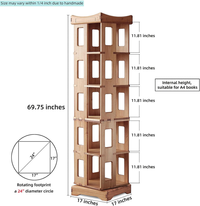Larger Solid Wood Rotating Bookshelf, Revolving Bookcase (5-Tier)