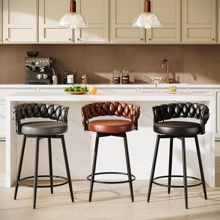 26" Counter Height Bar Stools Set of 3, Premium Faux Leather Barstools | Upholstered 360°Swivel Bar Chairs with Woven Backs Support & Heavy Duty Metal Legs for Kitchen Counter, Easy Assembly, Black