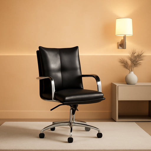 Faux Leather Home Office Desk Chair, Adjustable Swivel Computer Chair with Sliver Legs and Arms, Comfy Upholstered Task Chair(Black)