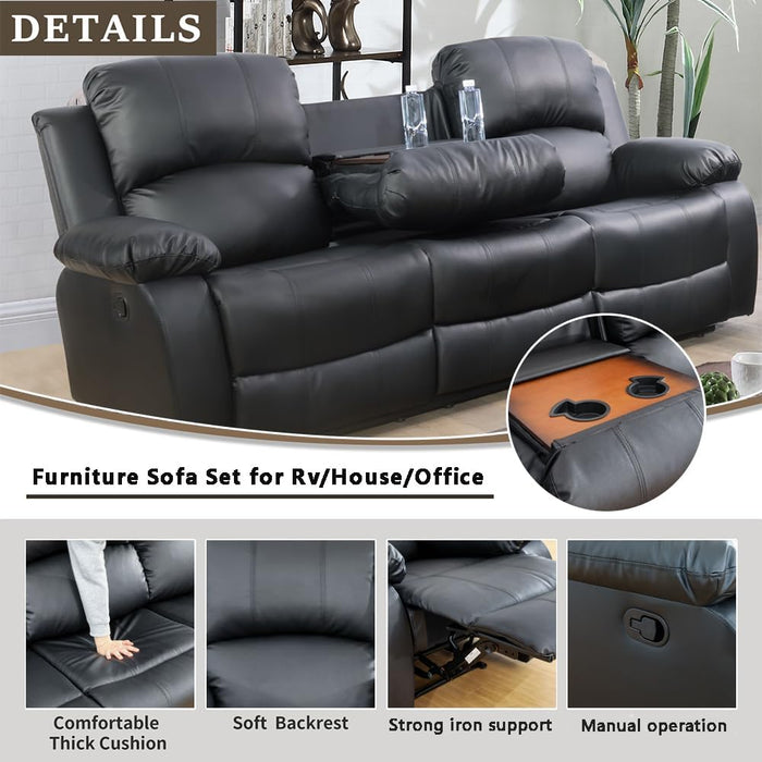 Living Room Furniture Set Leather Recliner Sofa Set Loveseat Chair Furniture Sofa Set for Living Room/Small Space/Rv/House/Office/Theater Seating (A-Black Leather, Sofa(3Seater))