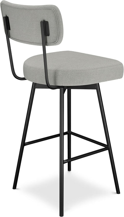 Giselle Swivel Bar Stools (Set of 2) - 29 Inch Seat Height Upholstered Metal Chairs in Light Grey Polyester Linen, Contemporary Seating for Kitchen or Bar with Cushioned Seat and Back