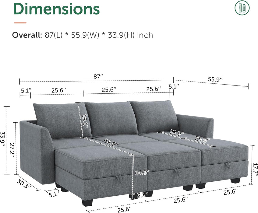 Bluish Grey Transformable Sleeper Sofa With Storage