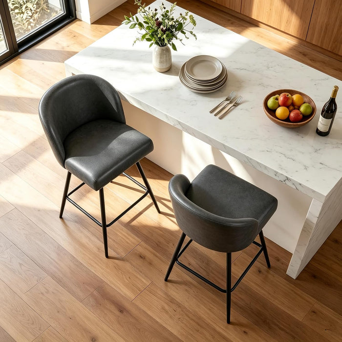 Counter Height Bar Stools Set of 2, 360° Swivel Upholstered Barstools with Backs and Metal Legs, 26" H Seat Height, Faux Leather in Black