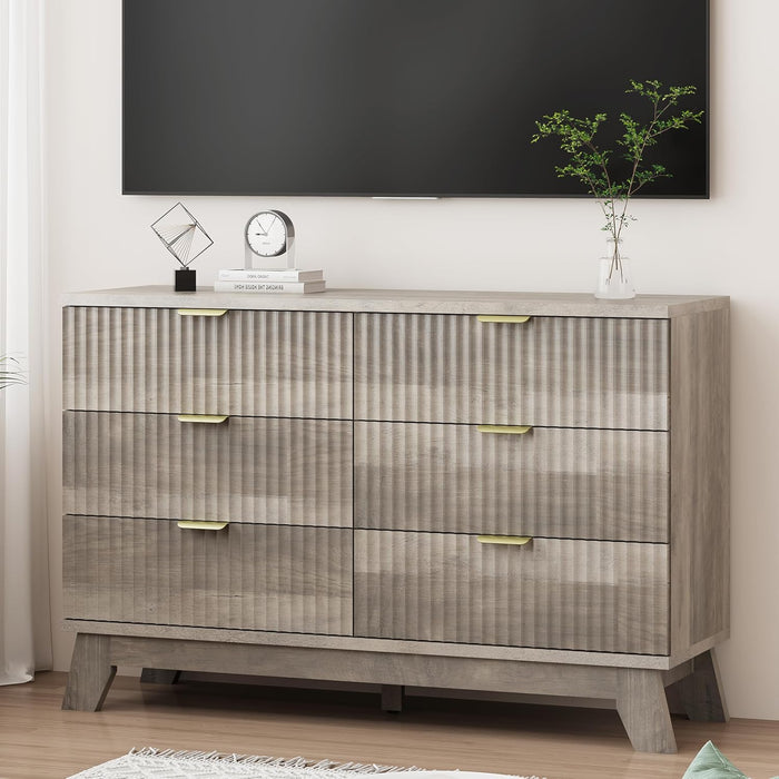 Fluted Dresser for Bedroom with 6 Drawers, 48" Wide Modern Chest of Drawers with Metal Handle, Wooden Dresser TV Stand, Wood Closet Clothes Storage Organizer for Living Room, Hallway, Grey