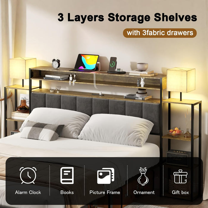 Upholstered Storage Headboard Queen Size Bed Frame - Farmhouse Metal Platform with Bookcase & Nightstand, Rustic Brown, Easy Assembly (No Box Spring Needed)