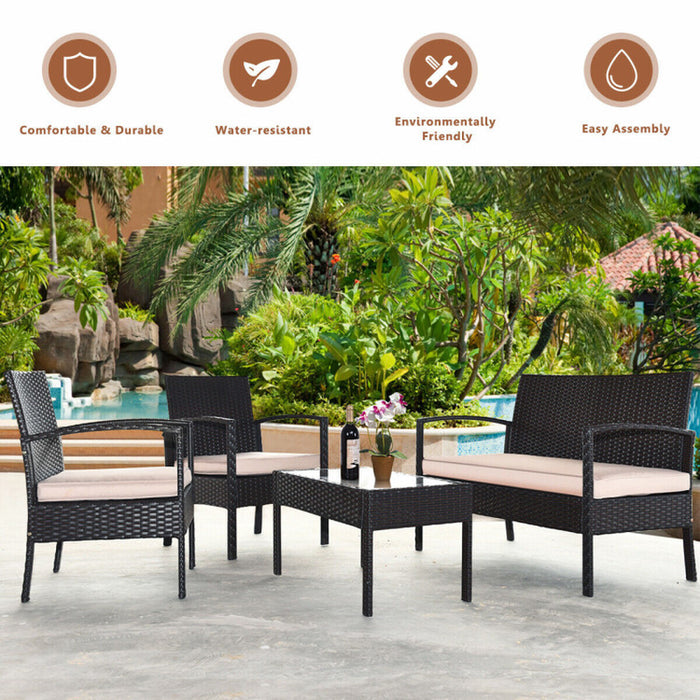 4 Pieces Patio Rattan Conversation Set with Loveseat Sofas and Coffee Table