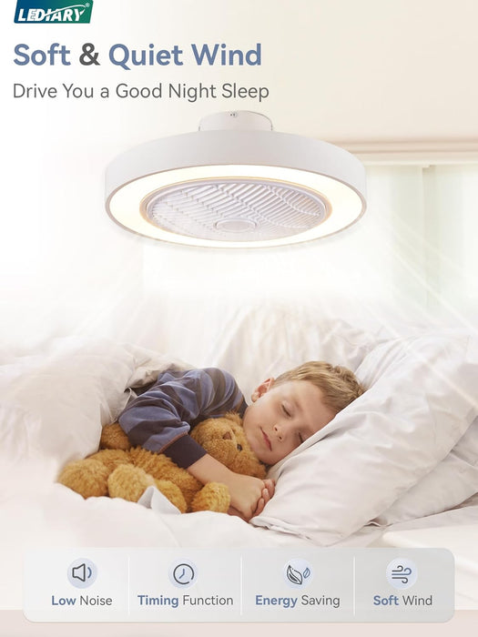 22In Enclosed Ceiling Fan with Light and Remote, White Modern Bladeless Ceiling Fan with Bright Light, Led Flush Mount Ceiling Fans for Bedroom, Living Room, Kid Room(6 Speeds, 3000-6000K)