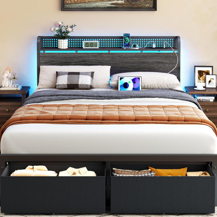 Queen Bed Frame with Storage Headboard,Charging Station,2 Drawers