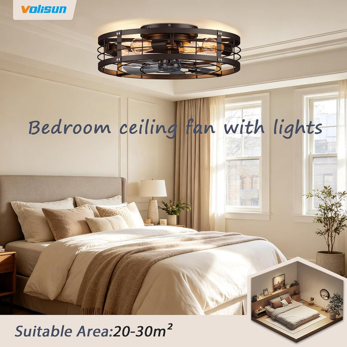 24'' Caged Ceiling Fan with Light and Remote,Rustic Low Profile Ceiling Fan with Light Flush Mount, Black Farmhouse Bladeless Fandelier Ceiling Fans with Lights for Kitchen,Bedroom