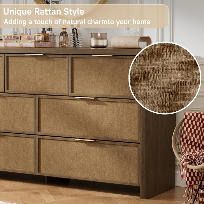 Rattan 7 Drawer Dresser for Bedroom, 55" Wide Curved Dressers & Chests of Drawers with 7 Deep Drawers, Large Boho Wooden Dresser W/Gold Metal Handles for Bedroom Living Room, Walnut