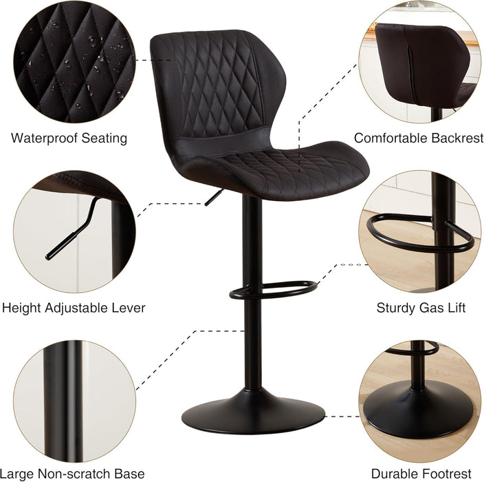 Bar Stools Set of 2, Modern Swivel Counter Height Barstools for Kitchen Island Chairs, Adjustable Fabric Bar Stools with Back for Kitchen Counter Bar, Black