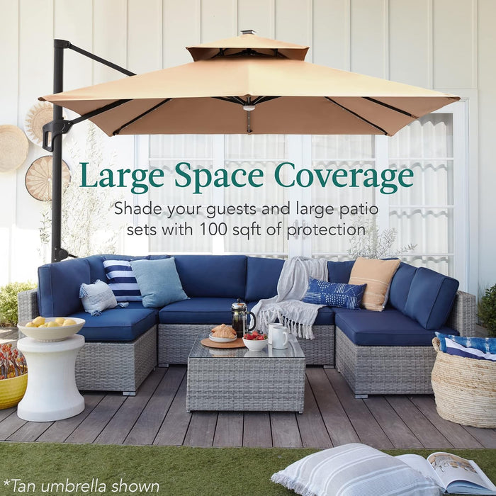10X10Ft Cantilever Patio Umbrella W/Base Included, Solar LED Lights 360 Rotation Large Offset Hanging Outdoor Shade for Deck Pool Backyard W/Stand – Tan