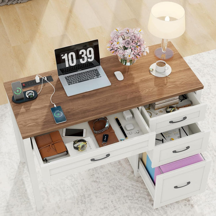 Farmhouse 47" Executive Desk, Computer Desk with File Drawer and Charging Station, Workstation for Home Office & Study.Off White