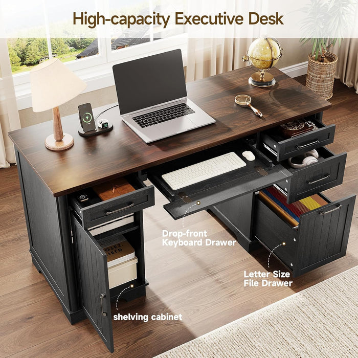 56" Large Executive Desk with Drawers,Modern Farmhouse Home Office Desk with Charging Station, Wood Computer Writing Desk with File Drawer for Study Work Bedroom Living Room Black