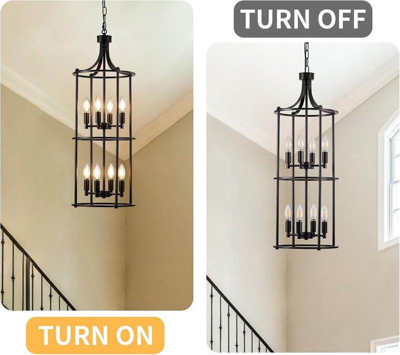 Foyer Chandeliers for High Ceilings, Lantern Tiered Black Chandelier Light Fixture Metal Modern Farmhouse Pendant Lights for Kitchen Island Entryway, Staircase, Living Room, Dinning Room