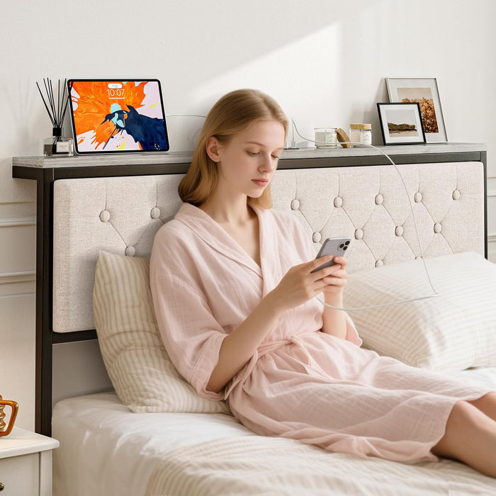 Headboard Queen Size with Storage and Charging Station, Upholstered Queen Storage Headboard Only with Bed Frame Brackets Adapter, Button Tufted Design, Easy Assembly, Beige