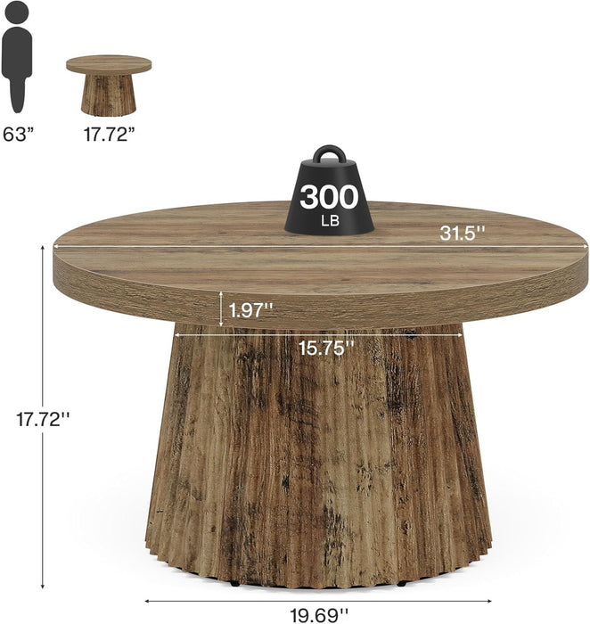 Coffee Table, 31.5" Small Farmhouse round Coffee Tables with Fluted Drum Base, Mid Century Modern Boho Accent Center Table for Living Room, Apartment, Small Space, Brown