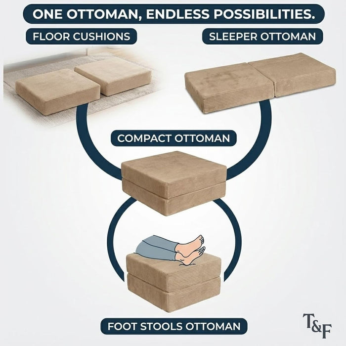 2-Piece Modular Corduroy Ottoman – Boneless Convertible Floor Sleeper & Guest Seating Mat – Pet-Friendly, High-Density Certipur-Us Foam, Washable Covers, Anti-Slip Base - Latte Brown