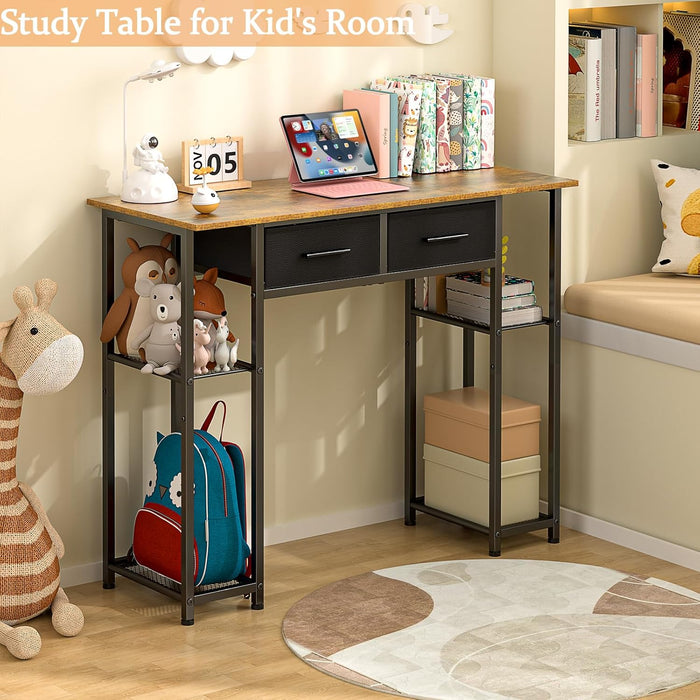 Computer Desk with Drawers, 37.3 Inch Home Office Work Desk with Storage Shelf, Kids Teens Study Table for Small Space, Small Writing PC Table for Bedroom Makeup Vanity Desk, Brown