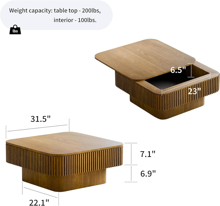 31.5 Inch Square Drum Coffee Table with Storage, Modern Handcraft Fluted Drum Coffee Table, Wooden Square Center Table Cocktail Tea Table with Sturdy Pedestal for Living Room Apartment (Brwon)