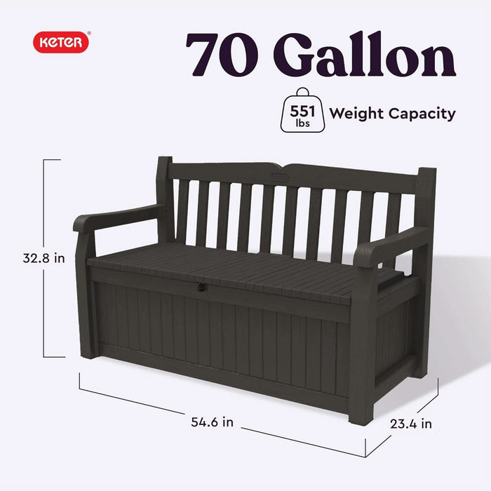 Solana 70 Gallon Storage Bench Deck Box for Patio Furniture, Front Porch Decor and Outdoor Seating – Perfect to Store Garden Tools, Brown/Brown