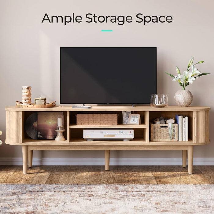 70" Fluted TV Stand for Tvs up to 80 Inch, Mid Century Modern Entertainment Center with Storage Cabinet and Sliding Doors, Farmhouse Wood Media TV Console for Living Room, Bedroom, Oak