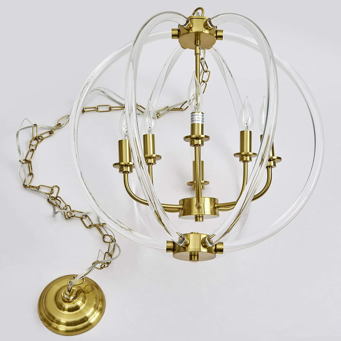 Six Globular Pendant Chandelier Acrylic Brass Finish