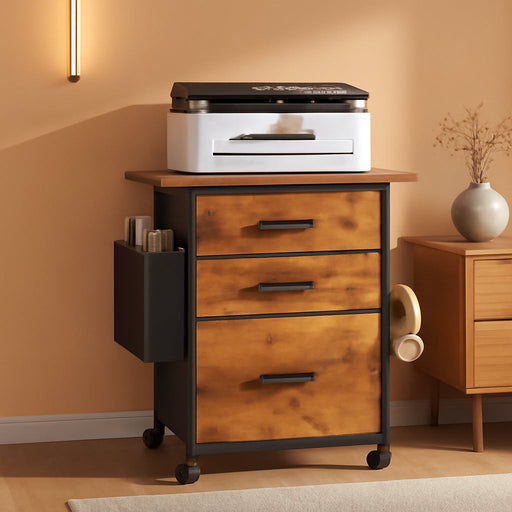 File Cabinet Printer Stand, Fabric Mobile Filing Cabinet with 3 Storage Drawers, for Hanging A4, Letter Size File Folders, Storage Bag and Hooks Home Office, Rustic Brown