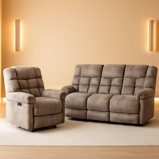 Manual Recliner Couch Set, Soft Fabric Reclining Living Room Sofa Set, Includes Single Recliner Chair and 3PC Bonded Sofa, Light Brown
