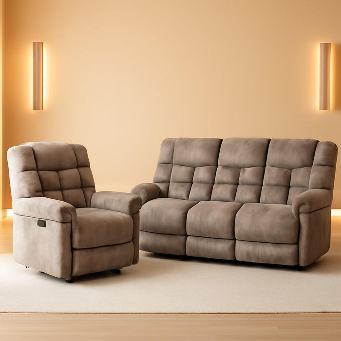 Manual Recliner Couch Set, Soft Fabric Reclining Living Room Sofa Set, Includes Single Recliner Chair and 3PC Bonded Sofa, Light Brown