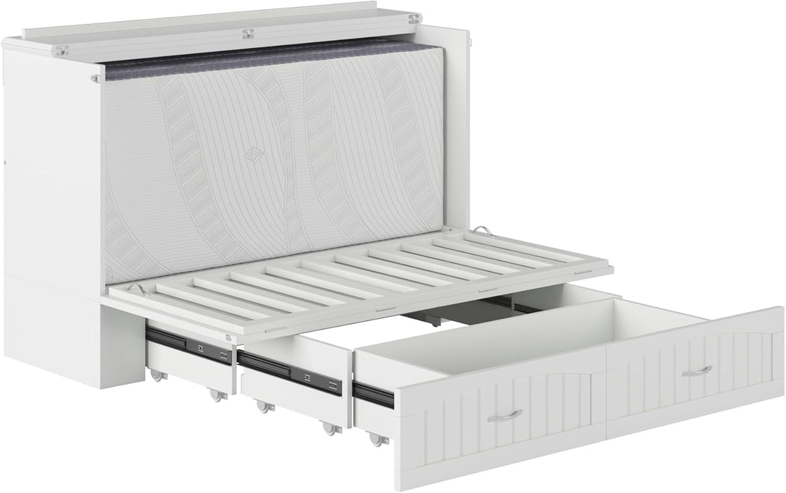 , Southampton Murphy Bed Chest Queen with 6" Mattress, Storage Drawer & Built-In USB Charger, White