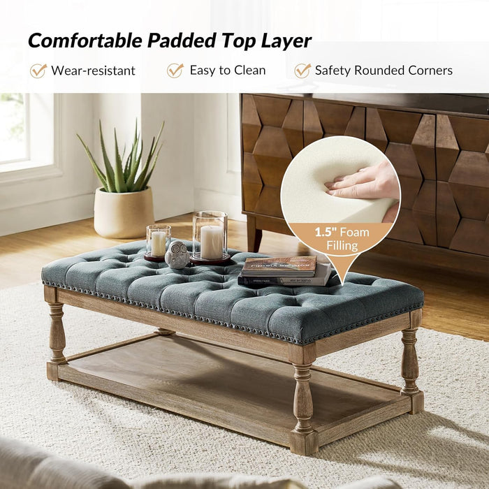 Rectangle Ottoman Coffee Table with Tray, Tufted Living Room Ottoman with Solid Wood Storage Shelf, Blue