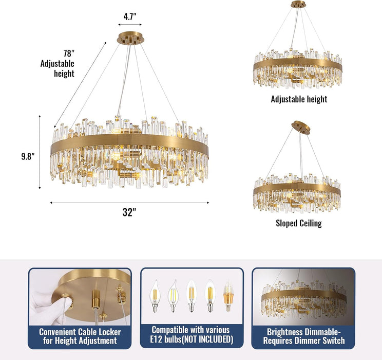 Gold Crystal Chandelier for Dining Room, 16-Light Modern Chandelier, 31.5-Inch K9 Crystal Raindrop Ceiling Light, Luxury Flush Mount Light Fixture for Kitchen Living Room Entryway Bedroom