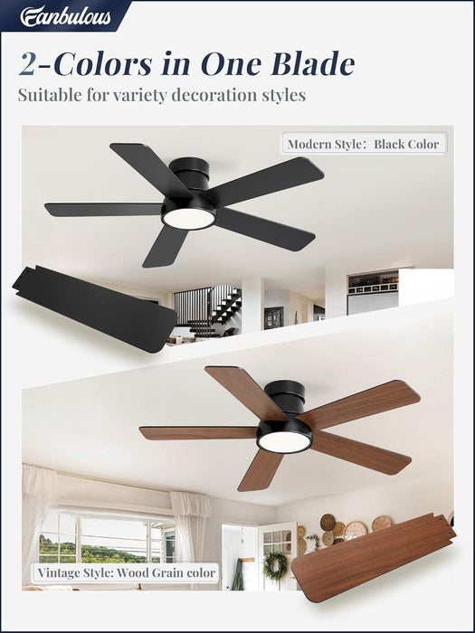 42 Inch Ceiling Fans with Lights and Remote,Outdoor Indoor Modern Flush Mount Ceiling Fan with 3CCT 6-Speed Quiet DC Motor,Black Small Low Profile Ceiling Fan for Bedroom Living Room Office