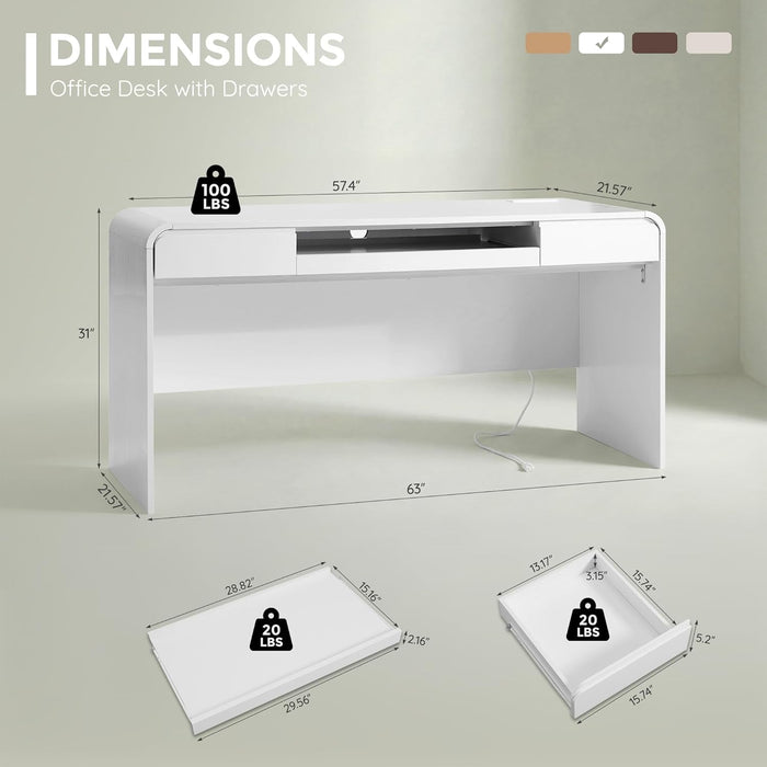 63" Modern Computer Desk with 2 Drawers, Wood Curved Executive Desk with Keyboard Tray & Power Outlet, Writing Desks with Storage for Home Office, Study Room, Living Room (White)