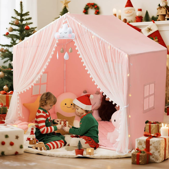 Large Kids Play Tent, 55.1In Length, Fits 3-4 Children,Indoor Playhouse for Kids, with Padded Mat and Lights, Bed Tent for Toddler, Birthday for Boys Girls