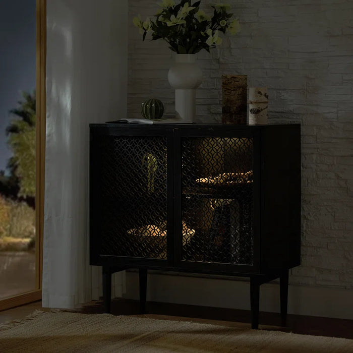 Fabion 32"Tall Built-In LED Lights Wood-Carved 2-Door Accent Cabinet Set of 2